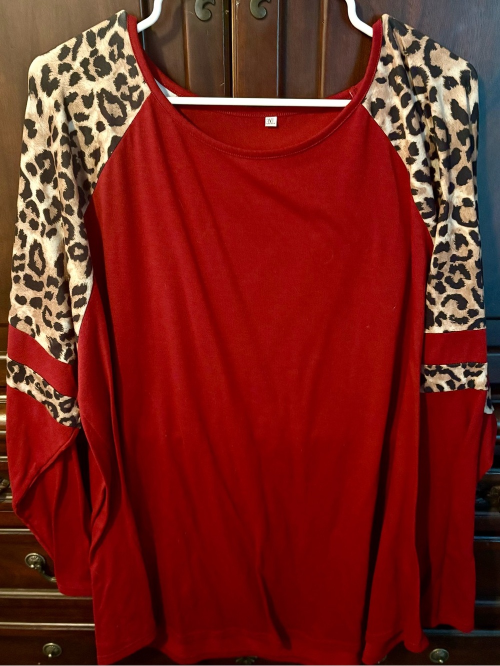 Women's Red Raglan Top with Leopard Print Sleeves